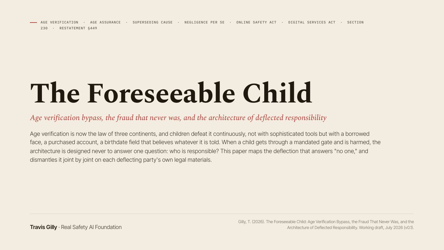 First slide of the plain language summary of The Foreseeable Child: Age Verification Bypass, the Fraud That Never Was, and the Architecture of Deflected Responsibility