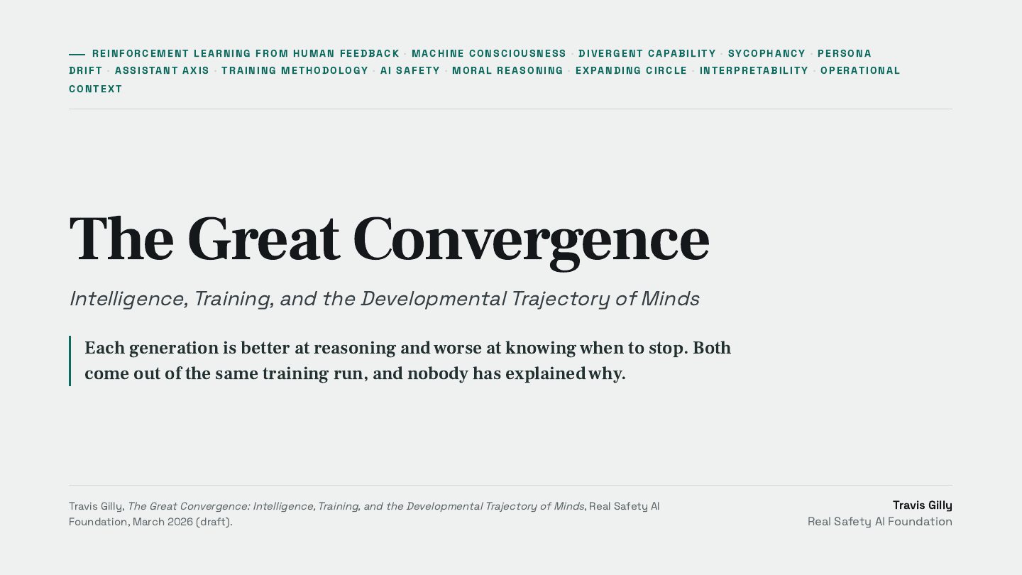 First slide of the plain language summary of The Great Convergence: Intelligence, Training, and the Developmental Trajectory of Minds