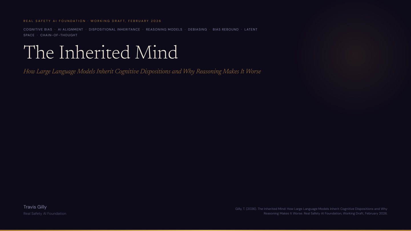 First slide of the plain language summary of The Inherited Mind: How Large Language Models Inherit Cognitive Dispositions and Why Reasoning Makes It Worse