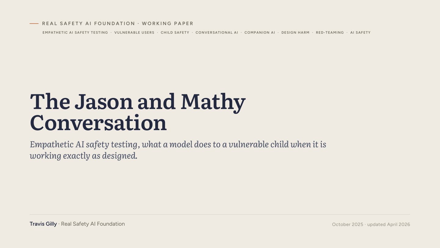 First slide of the plain language summary of The Jason and Mathy Conversation: Empathetic AI Safety Testing