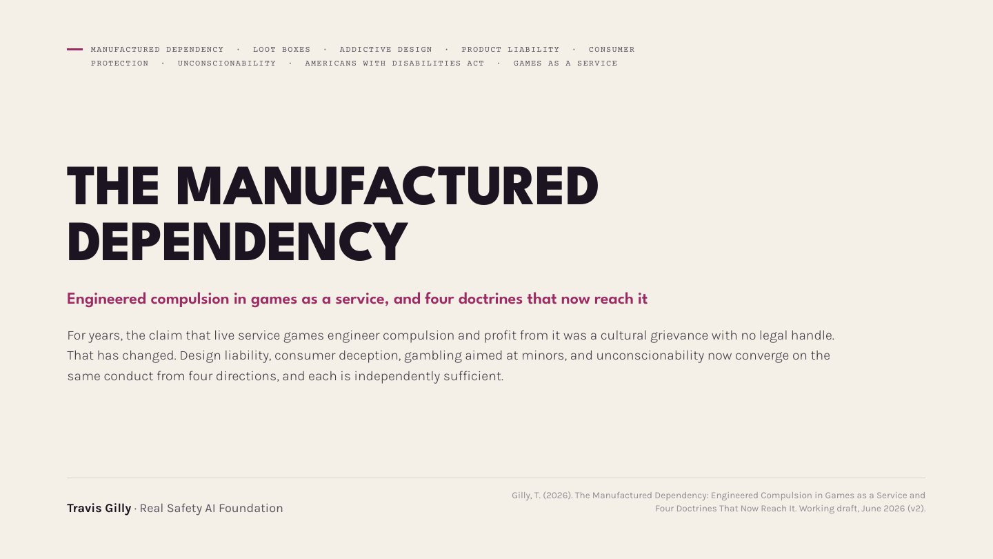 First slide of the plain language summary of The Manufactured Dependency: Engineered Compulsion in Games as a Service and Four Doctrines That Now Reach It