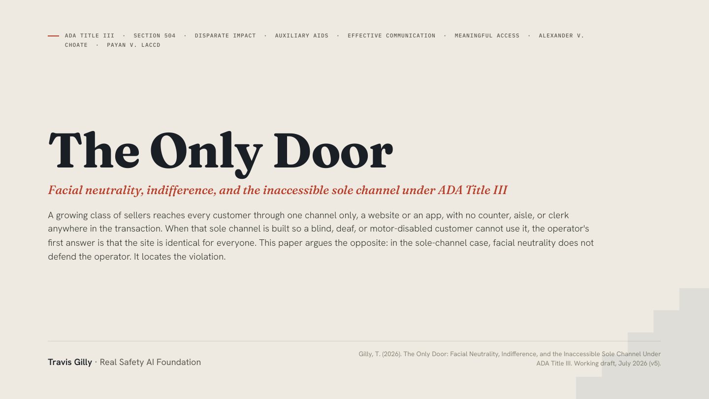 First slide of the plain language summary of The Only Door: Facial Neutrality, Indifference, and the Inaccessible Sole Channel Under ADA Title III