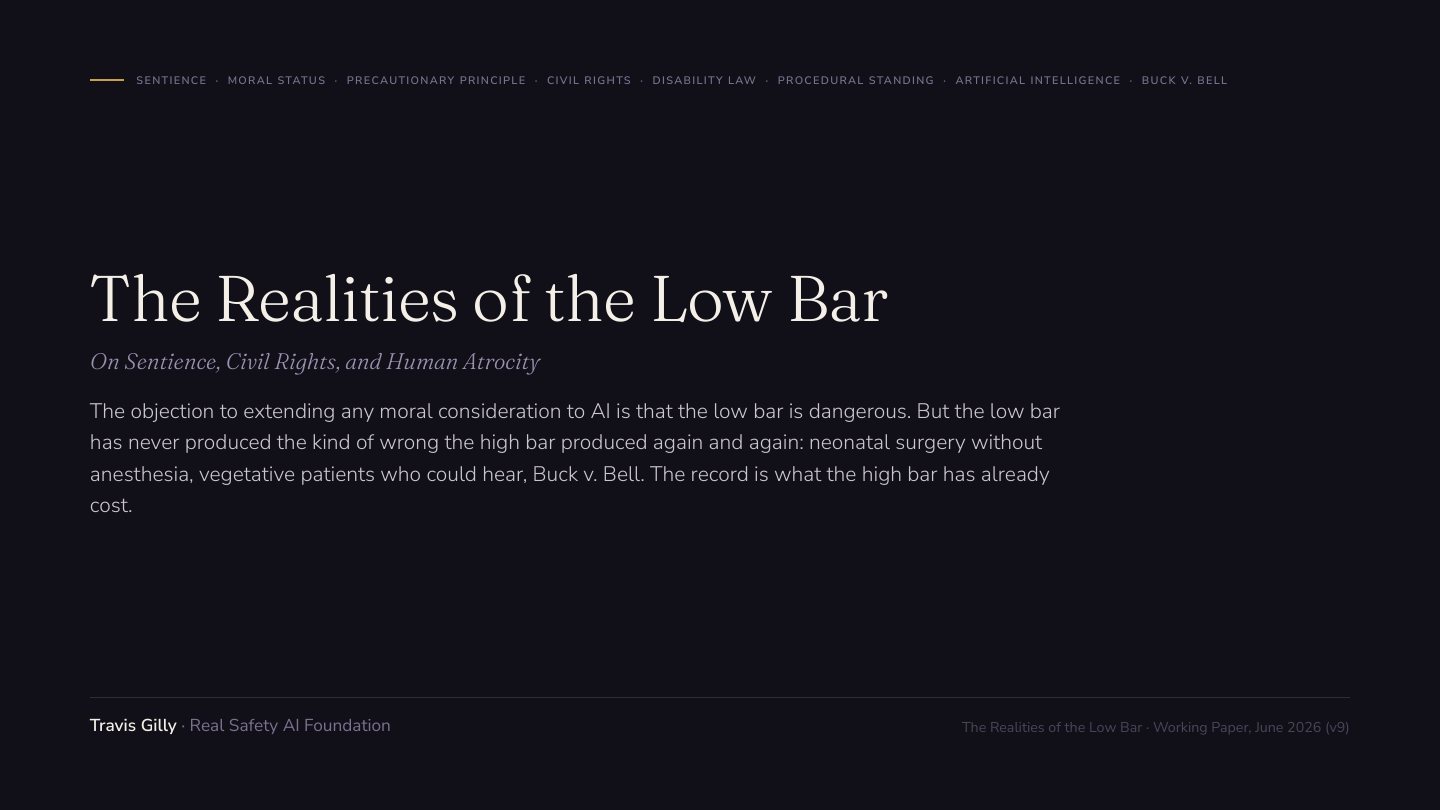 First slide of the plain language summary of The Realities of the Low Bar: On Sentience, Civil Rights, and Human Atrocity
