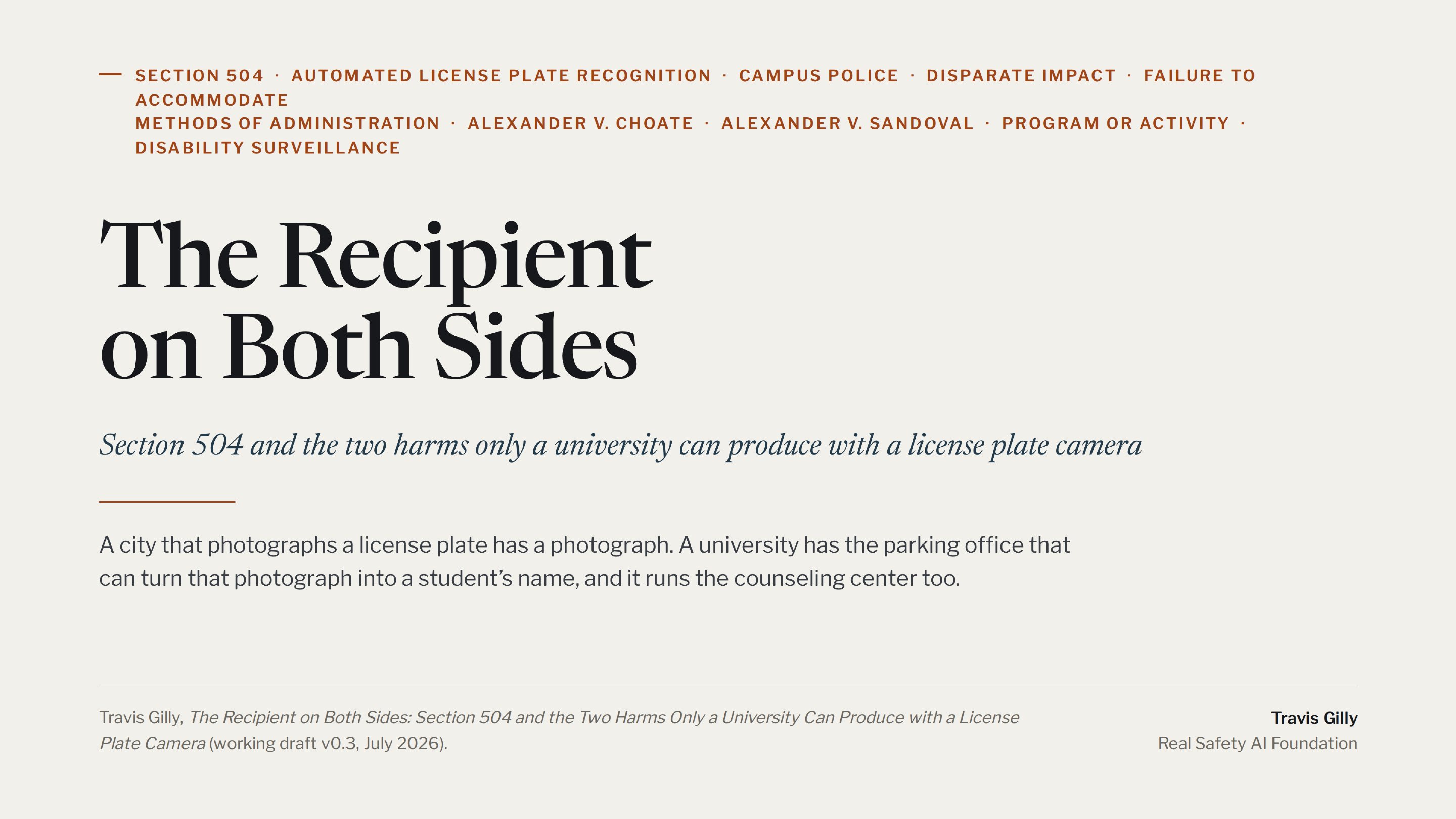 First slide of the plain language summary of The Recipient on Both Sides: Section 504 and the Two Harms Only a University Can Produce with a License Plate Camera