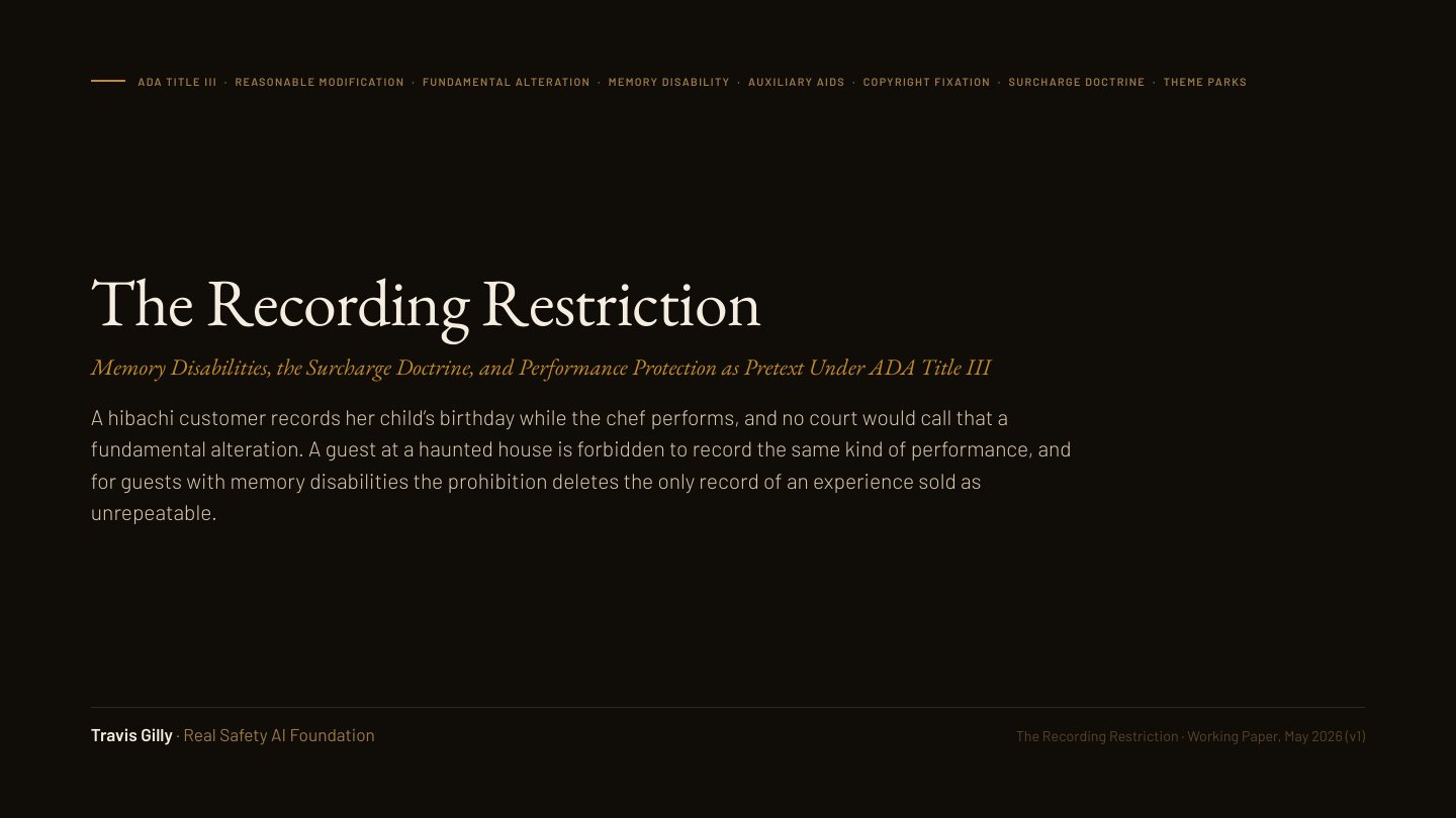 First slide of the plain language summary of The Recording Restriction: Memory Disabilities, the Surcharge Doctrine, and Public Accommodation Access