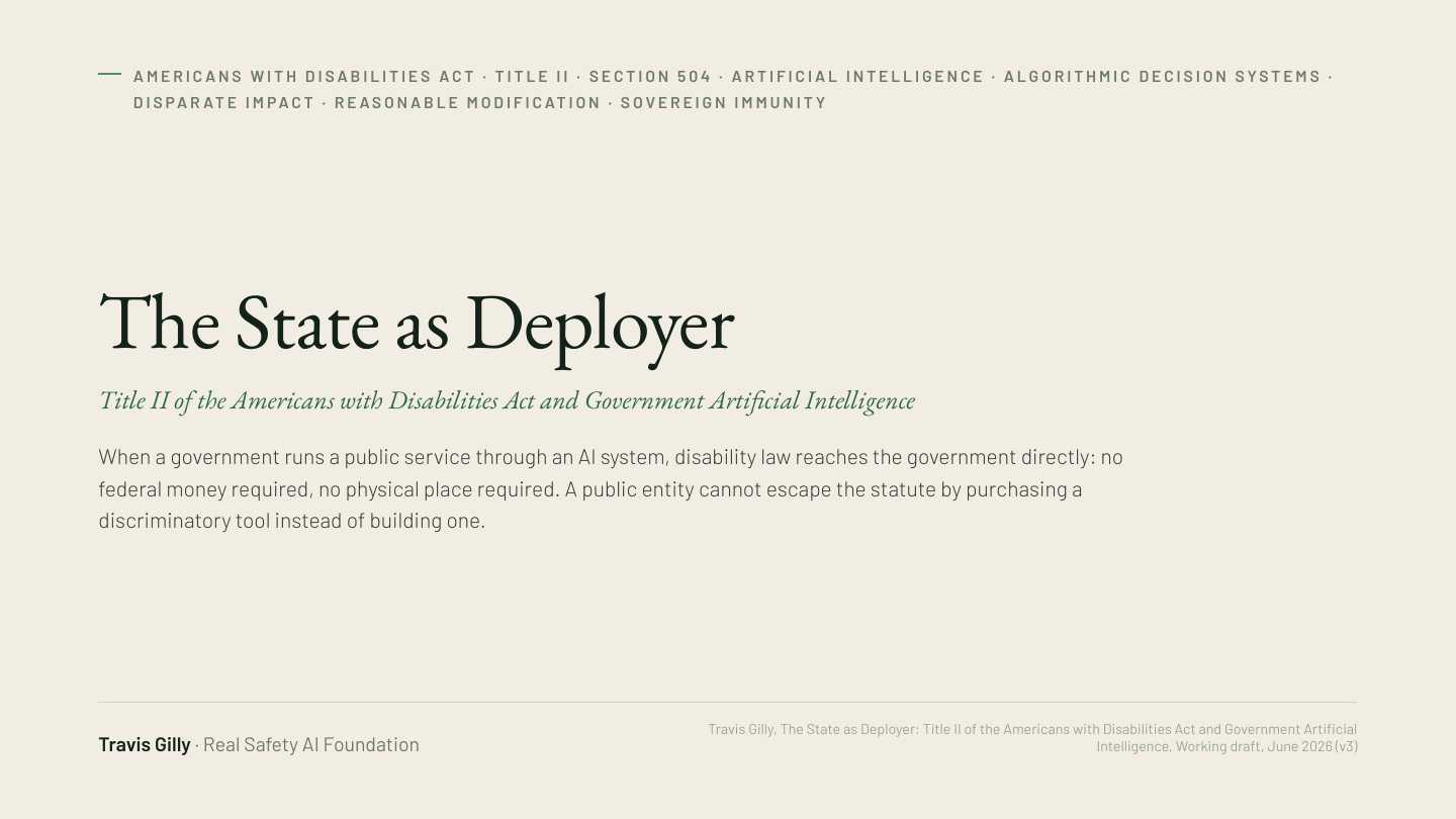 First slide of the plain language summary of The State as Deployer: Title II of the ADA and Government Artificial Intelligence