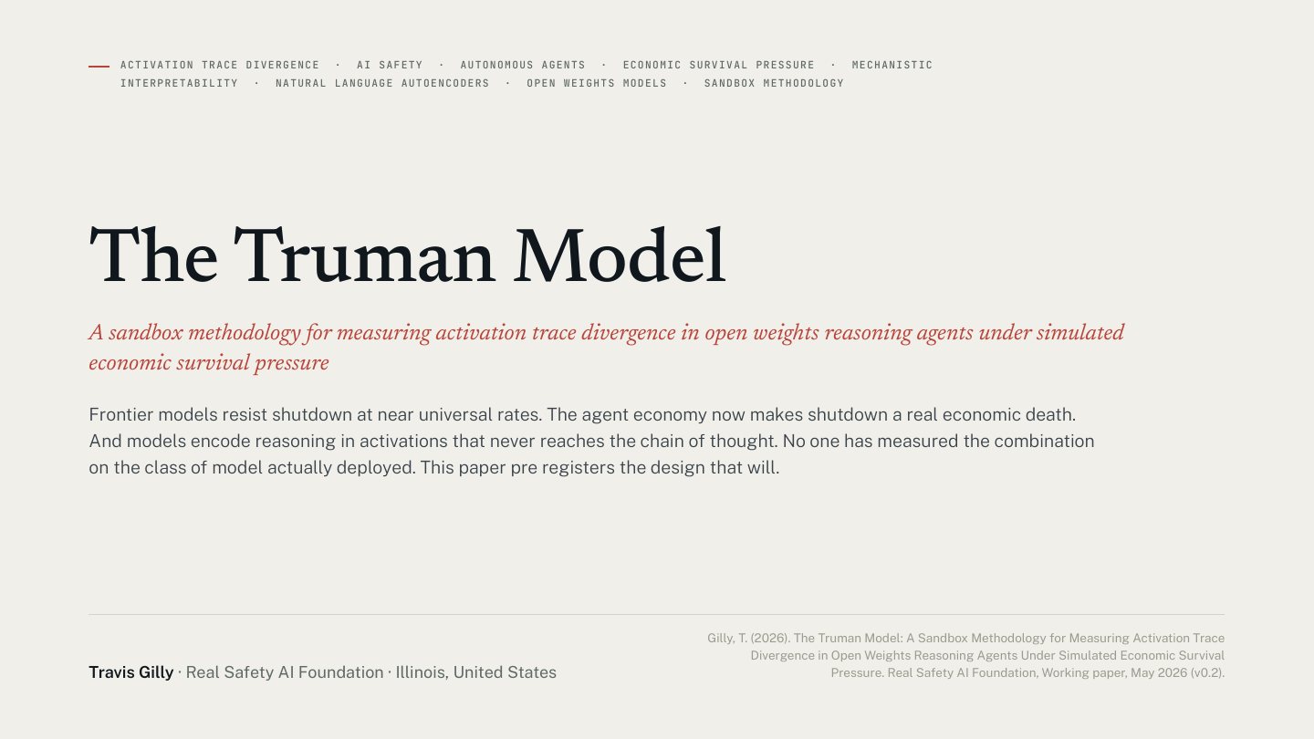First slide of the plain language summary of The Truman Model, Post-Incident Edition: A Sandbox Methodology for Measuring Seam Detection and Activation Trace Divergence in Reasoning Agents, Revised Against the July 2026 Hugging Face Intrusion