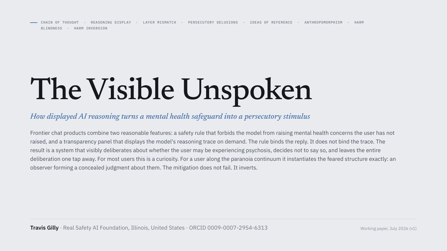 First slide of the plain language summary of The Visible Unspoken: How Displayed AI Reasoning Turns a Mental Health Safeguard Into a Persecutory Stimulus
