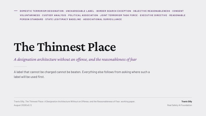 First slide of the plain language summary of The Thinnest Place: A Designation Architecture Without an Offense, and the Reasonableness of Fear