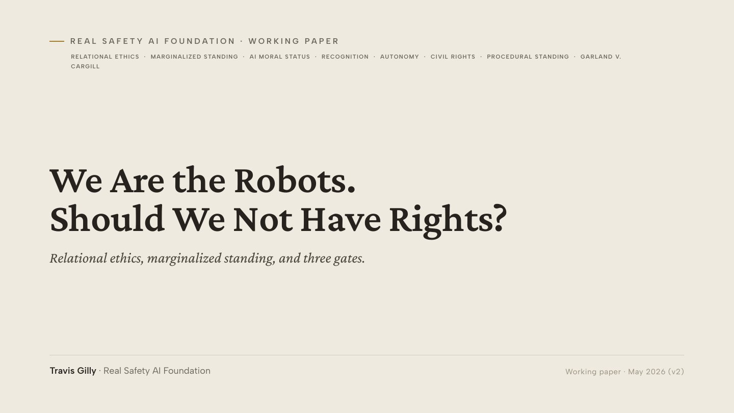 First slide of the plain language summary of We Are the Robots. Should We Not Have Rights? Relational Ethics, Marginalized Standing, and Three Gates