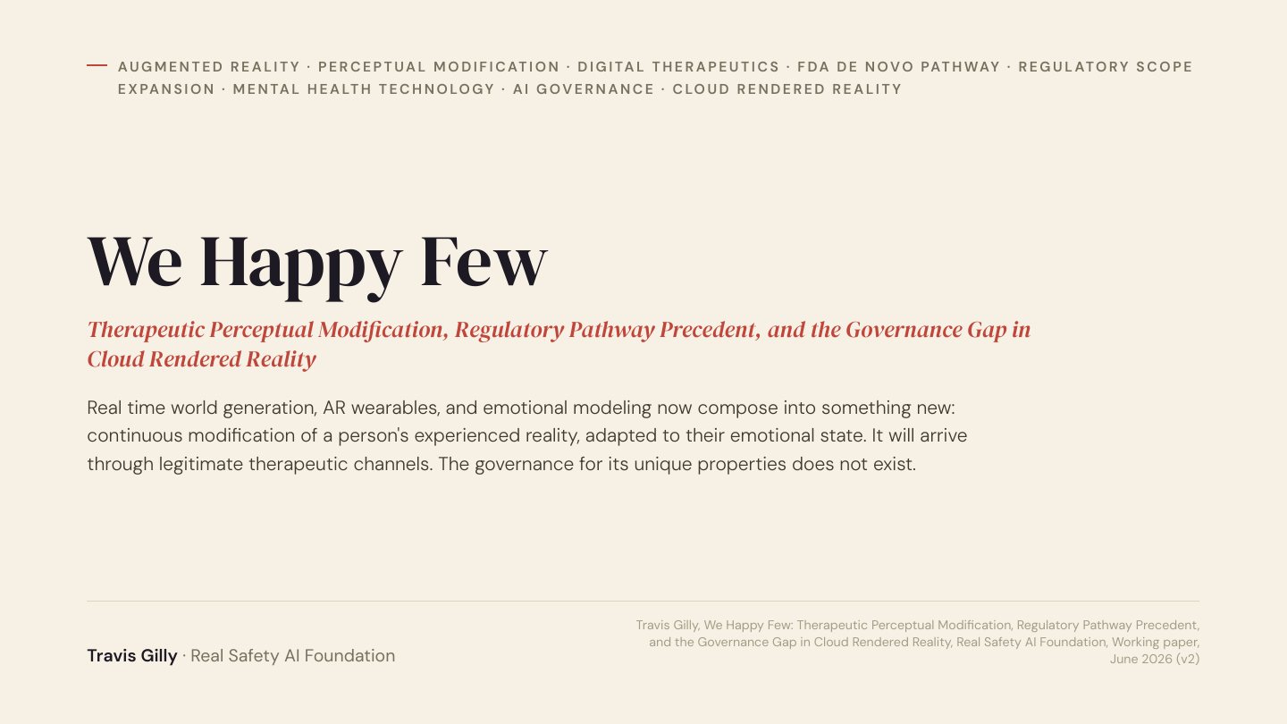 First slide of the plain language summary of We Happy Few: Therapeutic Perceptual Modification, Regulatory Pathway Precedent, and the Governance Gap in Cloud-Rendered Reality