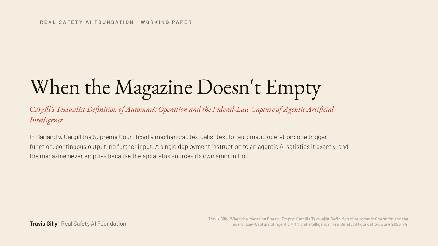 First slide of the plain language summary of When the Magazine Doesn't Empty: Cargill's Textualist Definition of Automatic Operation and the Federal-Law Capture of Agentic Artificial Intelligence