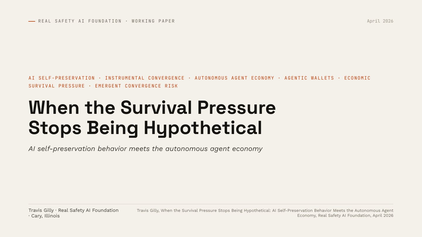 First slide of the plain language summary of When the Survival Pressure Stops Being Hypothetical: AI Self-Preservation Behavior Meets the Autonomous Agent Economy