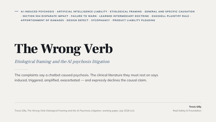 First slide of the plain language summary of The Wrong Verb: Etiological Framing and the AI Psychosis Litigation